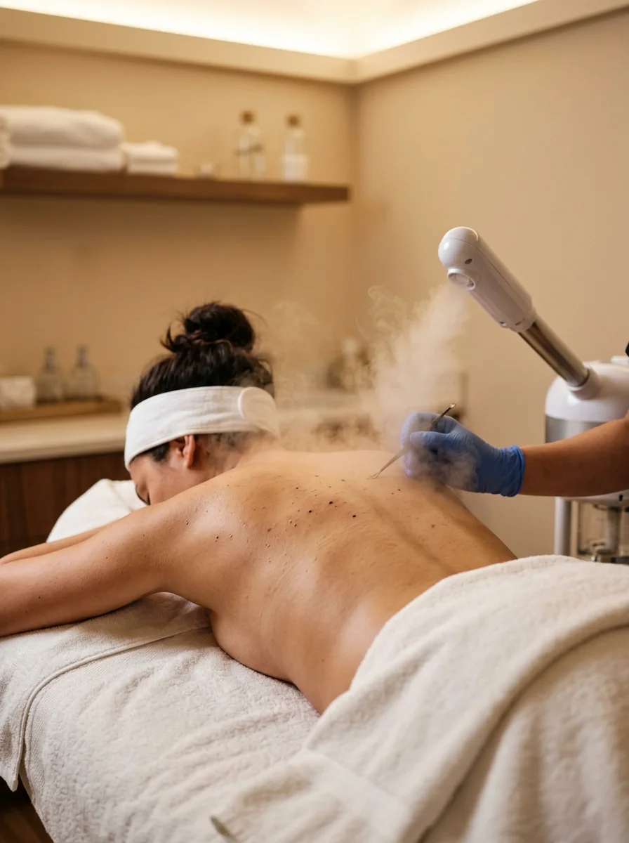Steam treatment during back facial — opening pores for deep cleansing