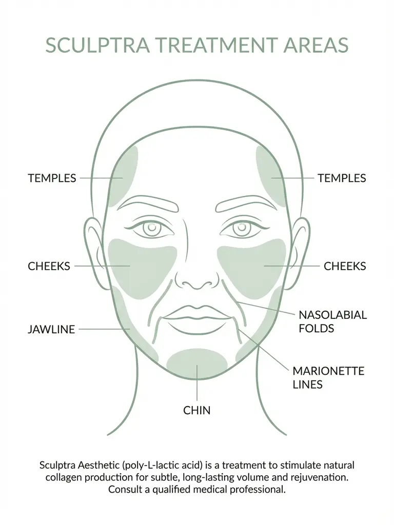Sculptra injection areas — temples cheeks jawline and chin treatment zones