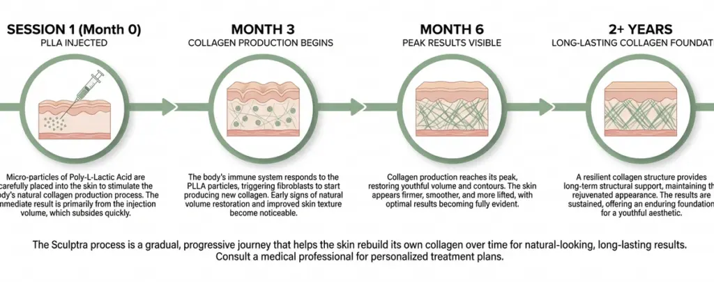 Sculptra results timeline — gradual collagen production from treatment through two years
