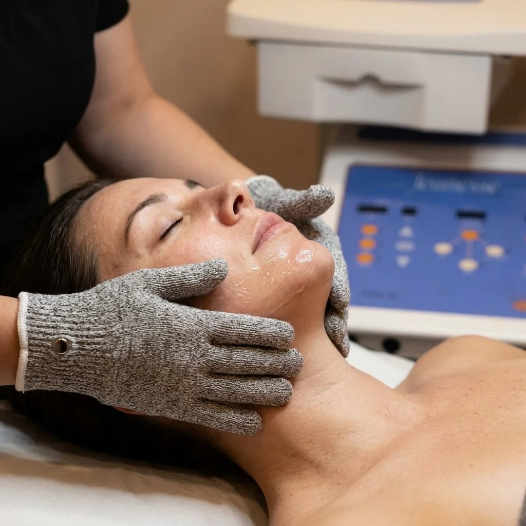 Microcurrent facelift treatment in Scottsdale — conductive glove lifting technique on jawline
