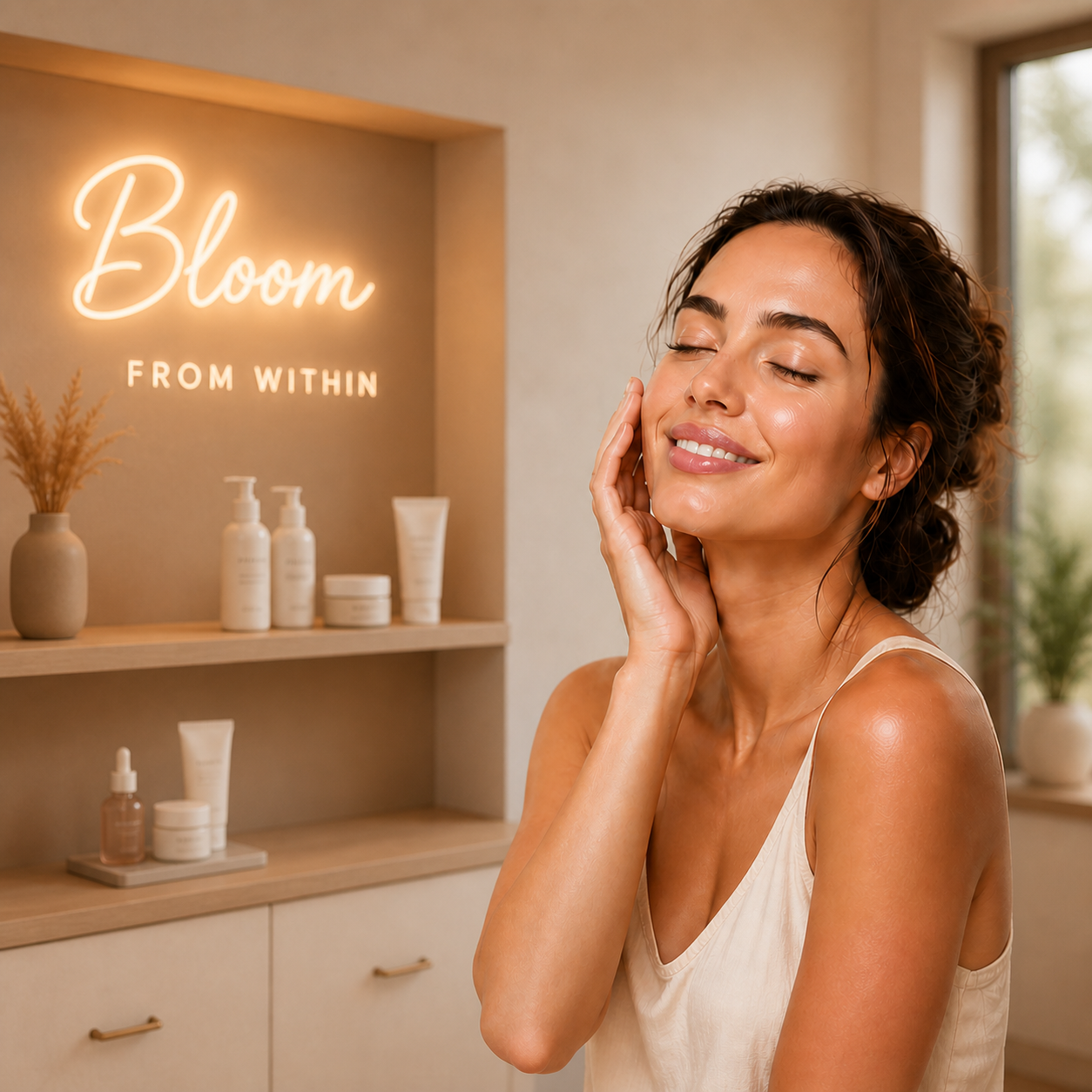 Woman touching her cheek in a skincare setting with a Bloom from within sign.